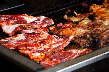 Selective focused of lamb grill at the Malaysia’s hawkers market. The meat was marinated with special spices before grill to get its special taste.  