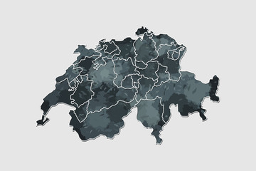 Switzerland watercolor map vector illustration of black color with border lines of different regions or cantons on light background using paint brush in page