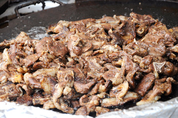 Selective focused of lamb grill at the Malaysia’s hawkers market. The meat was marinated with special spices before grill to get its special taste.  