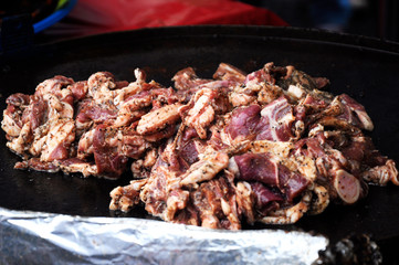 Selective focused of lamb grill at the Malaysia’s hawkers market. The meat was marinated with special spices before grill to get its special taste.  