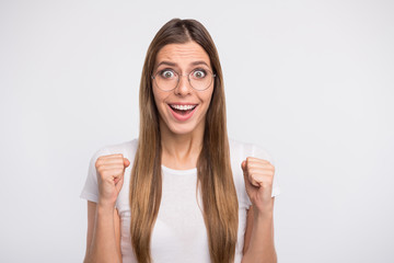 Pretty cheerleader lady support favorite team wear specs and casual t-shirt isolated white...