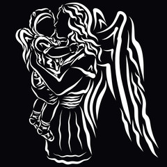 winged mother with a winged child in her arms, a gentle kiss