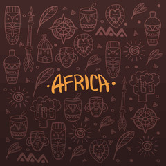 Hand draw doodles of Africa word. Colorful illustration. Background with lots of objects.