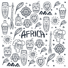 Hand draw doodles of Africa word. Colorful illustration. Background with lots of objects.