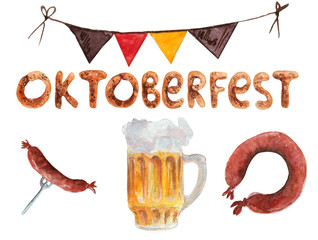 Hand drawn watercolor oktoberfest set, mugs, sausages, wurst, wheat and flags, hand drawn illustration