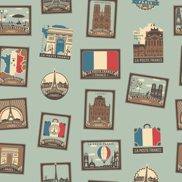 Vector seamless pattern on theme of France and Paris in retro style. French architectural landmarks, map and flag. Can be used as wallpaper, wrapping paper, fabric
