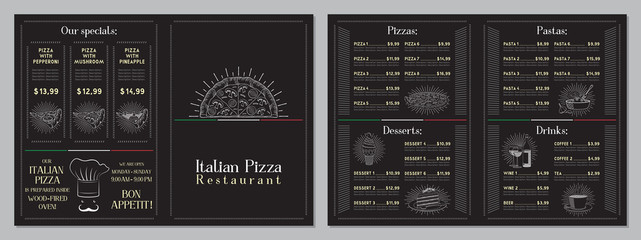 Italian Pizza restaurant menu - A4 card (pizzas, pastas, desserts, drinks) - obrazy, fototapety, plakaty