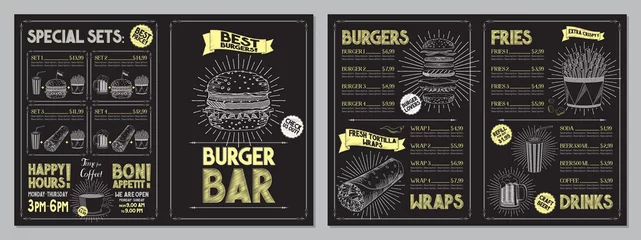 Fotobehang Burgerbar menusjabloon - A4-kaart (hamburgers, wraps, frietjes, drankjes, sets) © PX Media