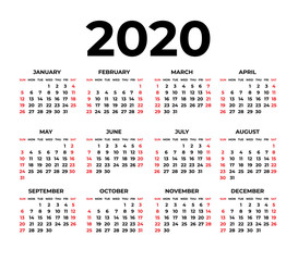 Calendar for 2020 on white background