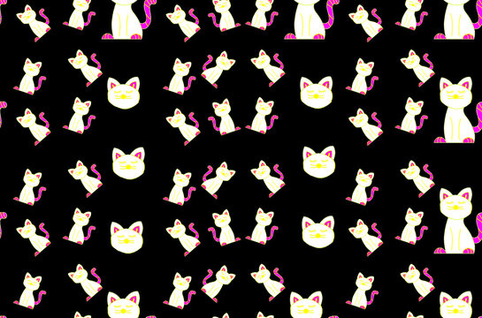 white kittens seamless pattern on black background
