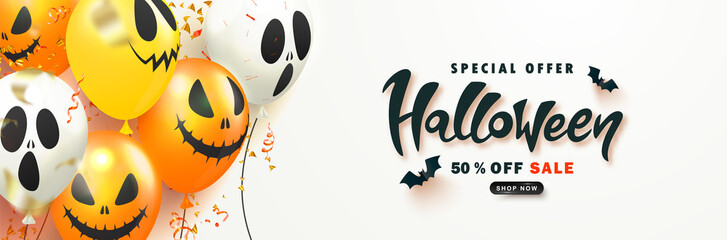 Halloween Sale Promotion Poster with scary balloons and paper bats on white background.Vector illustration for website , posters, ads, coupons, promotional material