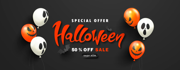 Halloween Sale Promotion Poster with scary balloons and paper bats on black background.Vector illustration for website , posters, ads, coupons, promotional material.