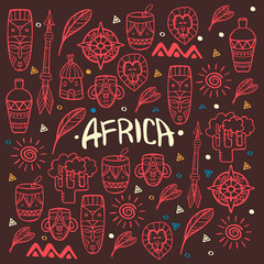 Fototapeta na wymiar Hand draw doodles of Africa word. Colorful illustration. Background with lots of objects.