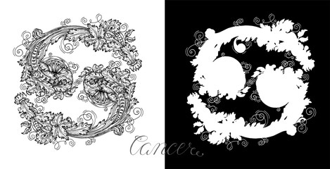 Cancer or crab Zodiac Sign with victorian baroque patterns. Collection of astrological symbols. Design Set with vector hand drawn illustrations for Horoscope, Esoteric and Mystic background