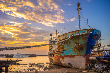 Abandoned broken ship at Zhuwei Fish Harbor