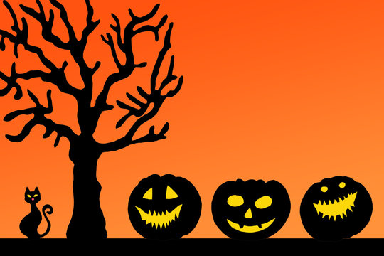 Halloween paper decorations card. Halloween pumpkins with scary faces under tree on orange background.