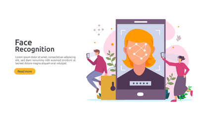 Face recognition data security design. facial biometric identification system scanning on smartphone. web landing page template, banner, presentation, social, poster, ad, promotion or print media.