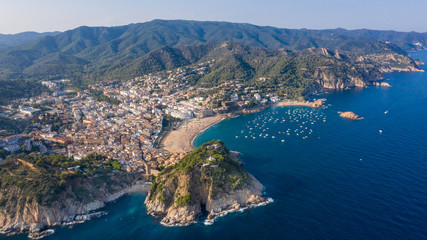 Fototapeta na wymiar Tossa de mar. Spain. Catalonia. Aerial view to the city and sea. Costa Brava. Travel destination. Video 4k footage