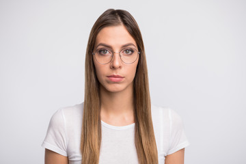 Photo of pretty manager lady listening colleague attentively wear specs and t-shirt isolated white...
