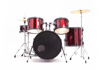 Fototapeta na wymiar Full set red Drums isolated on white bacground