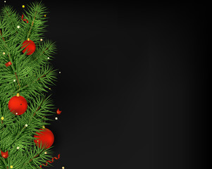 Fototapeta na wymiar New Year 2020 background. Christmas tree with red balls, serpentine, lights on the black background. Vector.