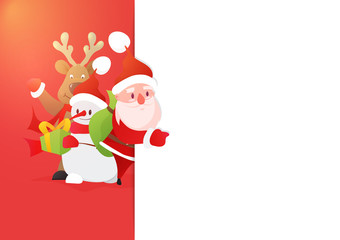 Happy snowman, merry reindeer and Santa Claus, indicates with forefinger at blank copy space. Advertisement and concept - Vector