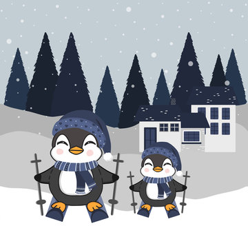 Little Penguins ski on winter background. 