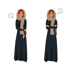 Arab woman expressing protest and anger crossed her arms. Flat cartoon vector illustration. Design with Cartoon business Moslem people in traditional clothing