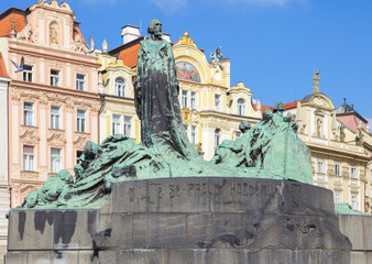 Fototapeta na wymiar Old Town quarter of Prague: the statue of religious reformer Jan Hus (1915) on the Old Town Square