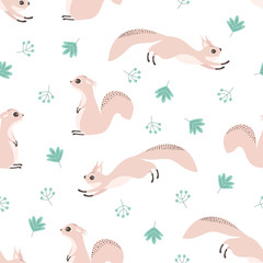 Naklejka premium seamless pattern with squirrel and leaves