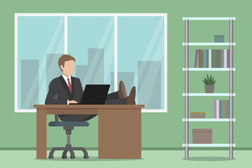 Employee sitting with legs on desk. Vector illustration.