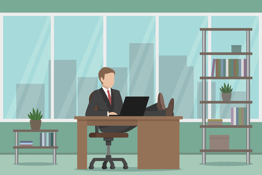 Boss sitting with legs on table. Vector illustration.