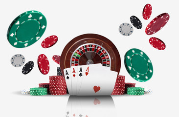 Four aces standing ahead of a brown roulette and chips in piles which flying apart, isolated on white background. Gambling entertainment. Close-up.