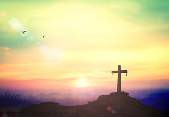 Ascension day concept: Silhouette cross on meadow autumn sunrise background