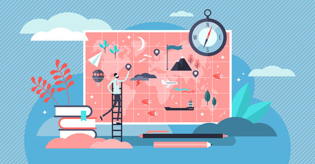 Geography vector illustration. Flat tiny atlas earth study persons concept.