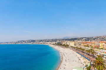 Fototapeta na wymiar Landscape panoramic view of Nice, Cote d'Azur, France, South Europe. Beautiful city and luxury resort of French riviera. Famous tourist destination with nice beach on Mediterranean sea