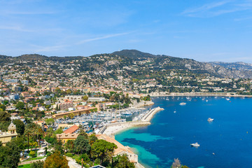 Fototapeta na wymiar Landscape panoramic coast view between Nice and Monaco, Cote d'Azur, France, South Europe. Beautiful luxury resort of French riviera. Famous tourist destination with nice beach on Mediterranean sea