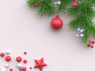 Fototapeta na wymiar white flat scene green leaf red white ball/sphere 3d render christmas concept