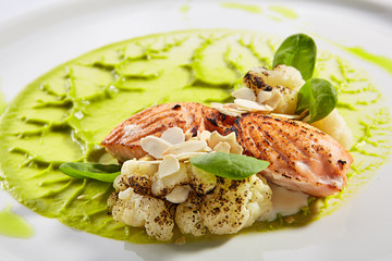 Salmon steak on plate closeup