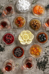Big Collection of Various Homemade Jam or Pozzy with Tea