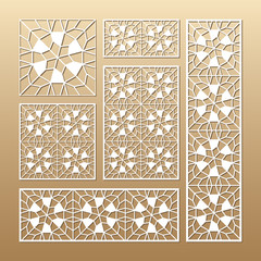 Laser cut vector panels (ratio: 1:1, 1:4, 2:1, 2:3, 3:1). Cutout silhouette with geometric seamless pattern. The set is suitable for engraving, laser cutting wood, metal, stencil manufacturing.