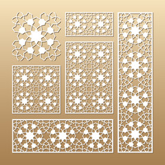 Laser cut vector panels (ratio: 1:1, 1:4, 2:1, 2:3, 3:1). Cutout silhouette with geometric seamless pattern. The set is suitable for engraving, laser cutting wood, metal, stencil manufacturing.