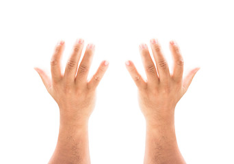 Praise and worship concept: Human open two empty hands with palms up and reaching up to God isolated on white background