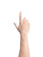 Naklejka premium Male hand with index finger pointing up to touch or click, isolated on white background with copy space