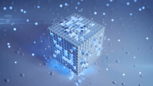 White futuristic cube with glowing blue elements. Abstract information technology concept. Seamless loop 3D render animation