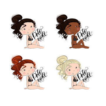 Set Red Hair Brunette African American Blonde Girls Lettering Date Night Isolated On A White Background Hand Drawn Illustration