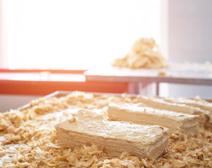Cake Napoleon with condensed milk and puff pastry, copy space, confectionery production