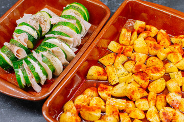 Close Up Of Zucchini with turkey ham with Roasted Potato