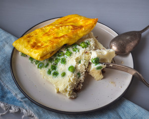 Homemade Breakfast, omelette with green peas and sandwich on a light plate for Breakfast close-up, top view