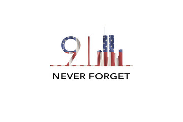 American National Holiday. US Flag background with American stars, stripes and national colors. New York. Text: NEVER FORGET